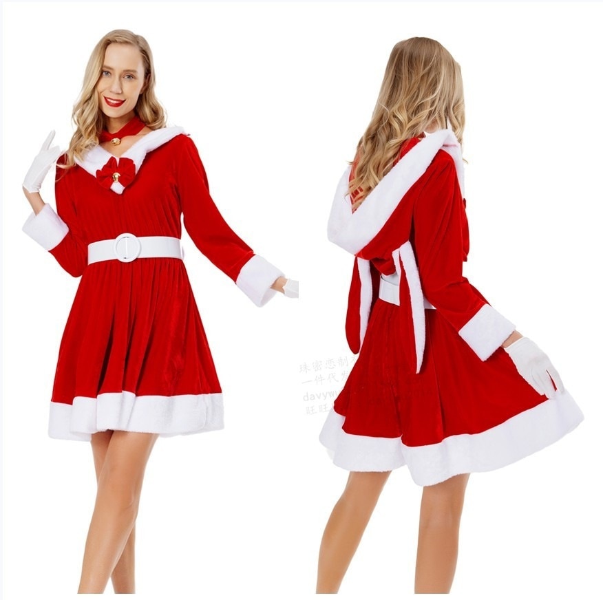 サンタクロース パーティ ーロングウールリスマスワンピース首輪手袋ベルト4点セット