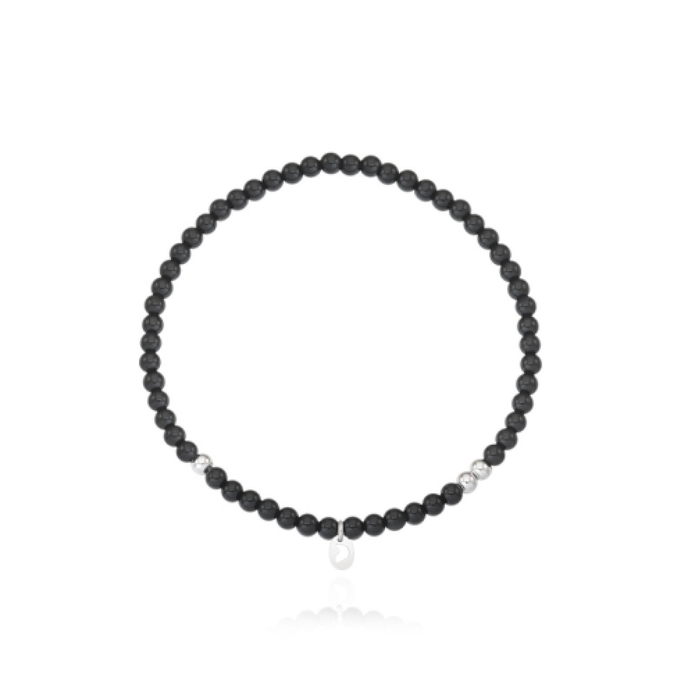 TirrLirr ビーズボンボンオニキス 3mm ボールホワイトシルバーブレスレット TBSSVW14183M-BK