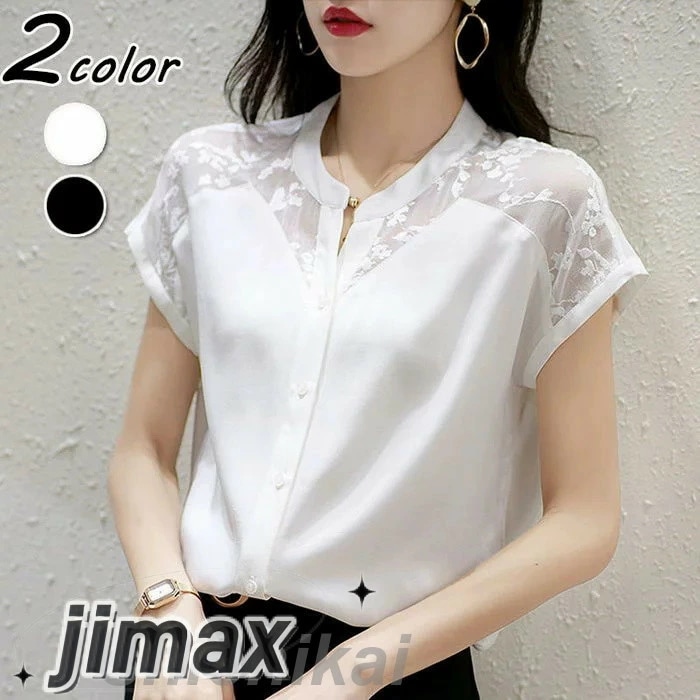 ブラウス レディース 40代 春夏新作 オシャレブラウス 白シフォンシャツ 半袖トップス レース切り替えブラウス 大人 ゆったり シャツ 30代 50代