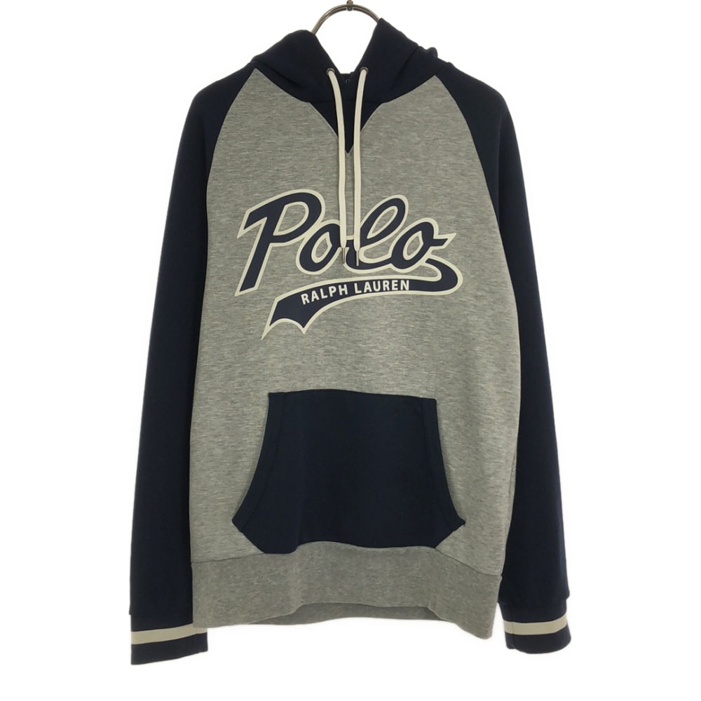 プリント 長袖 スウェットパーカー S グレー×ネイビー プルオーバー トレーナー メンズ