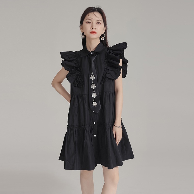 【J.Fashion】 2024夏新品 フリルワンピース ショート ネクタイ付き 体型カバー チュニック UVカット ラッシュカード 水陸両用 関連商品は店で購入可能 福袋