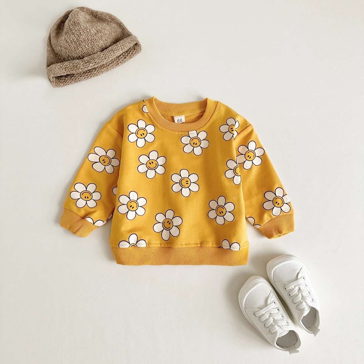 男の子と女の子のための長袖セーターラウンドネックトップ子供服笑顔の顔花柄プリント春と秋2023 - 1501
