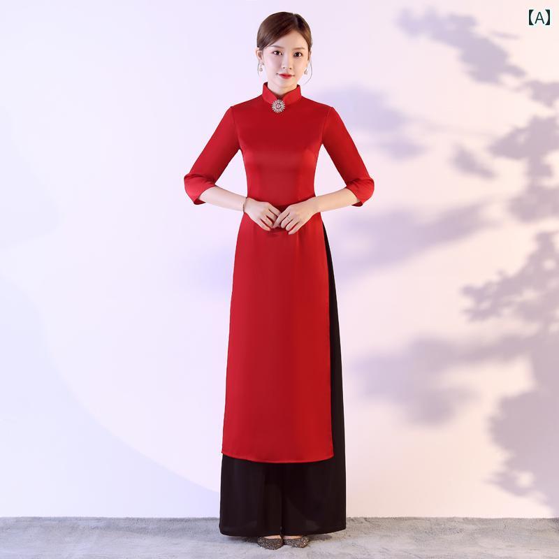 アオザイ チャイナドレス 衣装 レディース おしゃれ ロング ワイド パンツ 七分袖 レッド ブラック ホワイト 上下 セット 5,964円