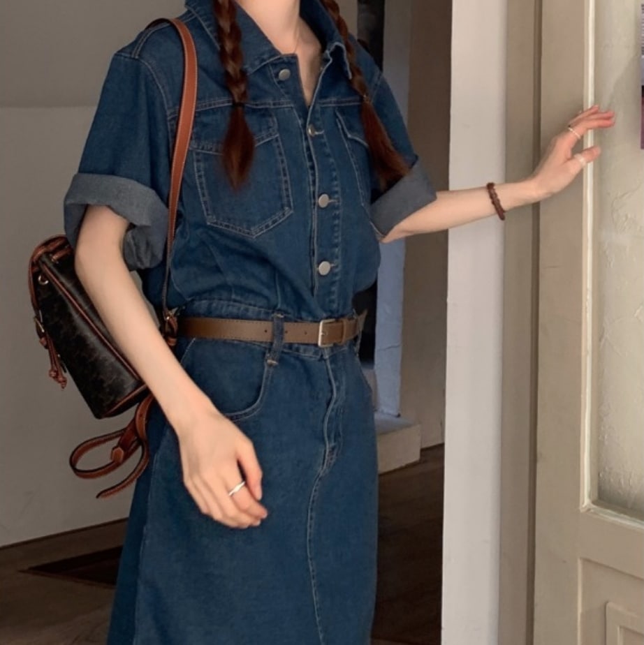 ワンピース レディース デニム 膝丈 袖あり 半袖 ブルー カジュアル 個性的 大人 上品 お洒落 主役級 存在感 夏 10代 20代 韓国 アウトドア ウエストベルト ミニ シンプル レトロ