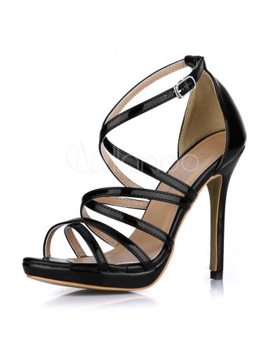 グレースブラックストラップ施釉PUハイヒールのドレスサンダル