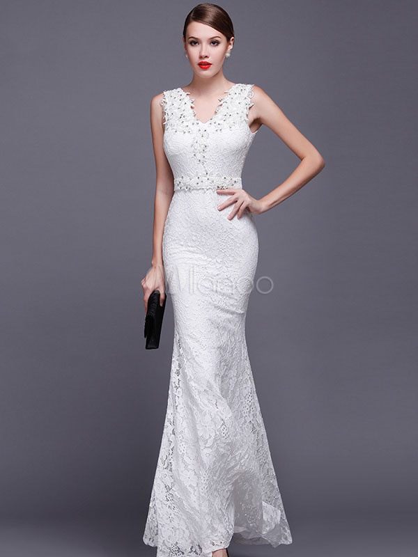マーメイドマキシドレスホワイトディープVレースボディコンドレス