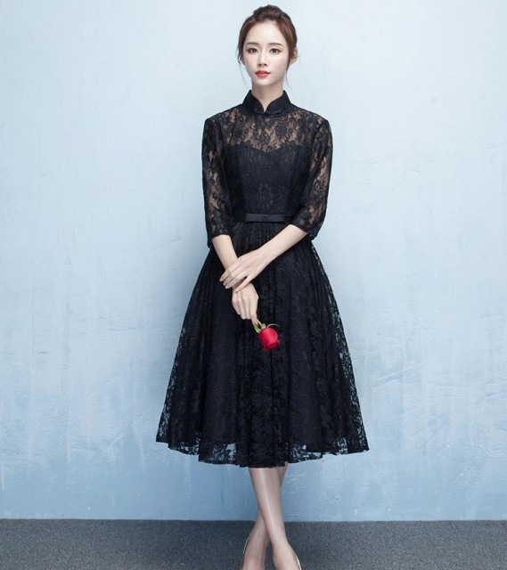 1460. レースシースルー袖ロングドレス(ブラック） パーティ 結婚式 ドレス 二次会 発表会 2019 春夏 sale 演奏会