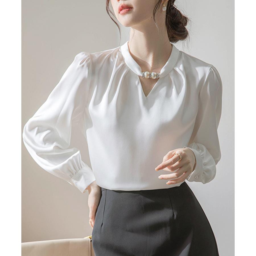 【赤字覚悟 最安挑戦】立ち襟ブラウス レディース サテンシャツ