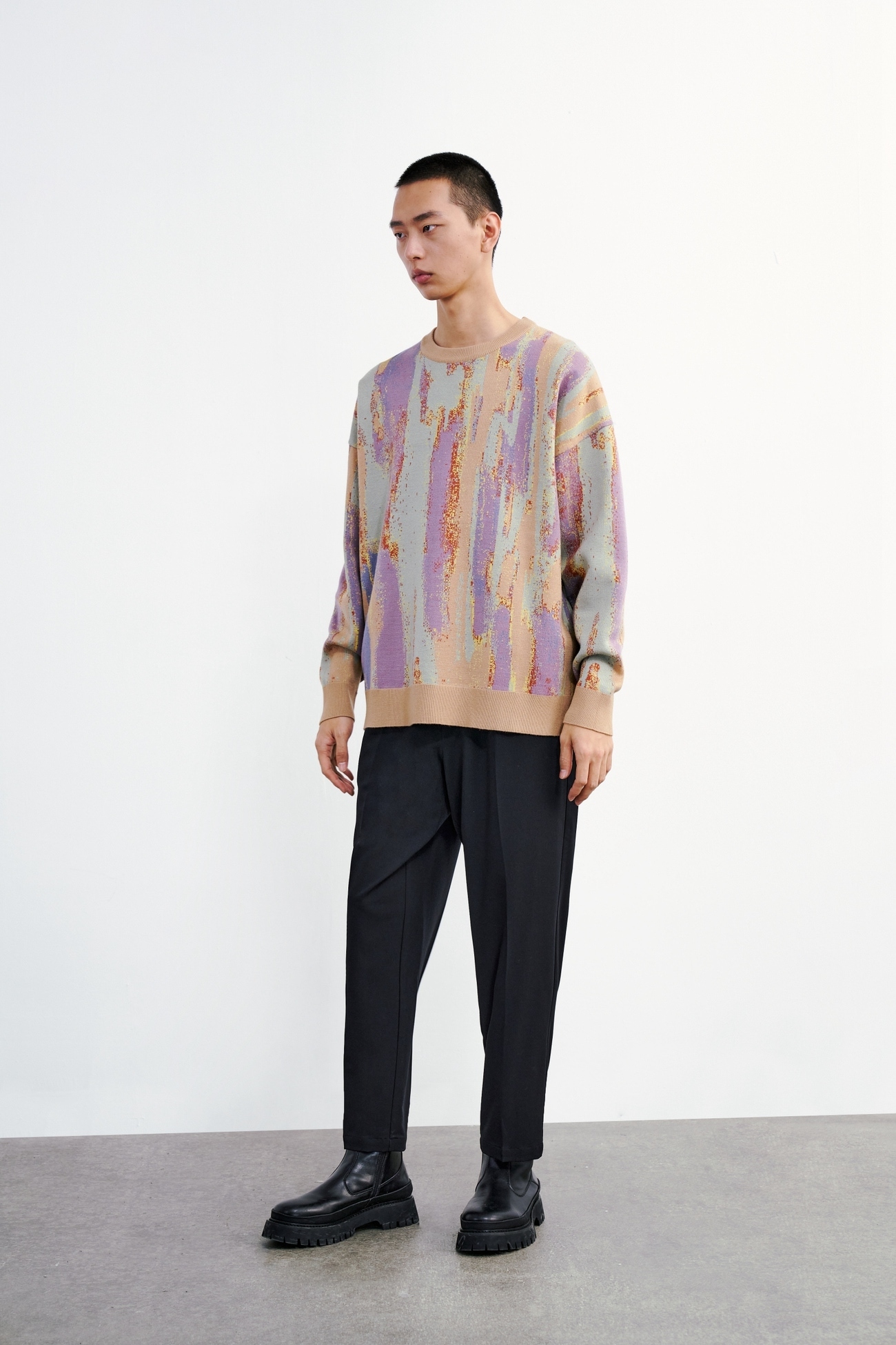 秋 冬 メンズ スタイル ジャカード ゆったり プルオーバー ニット Tシャツ 鮮やか カラフル XS S M L 個性的 トップス シャツ 袖あり 長袖 きれいめ シンプル 大人 上品 おしゃれ