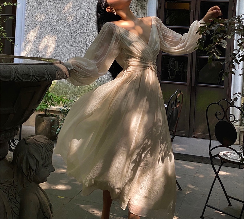 カジュアル 秋 フレンチ ヘップバーンスタイル ハイエンド Vネック シフォン パフスリーブ ドレス ホワイト XS S M L ワンピース 膝丈 ひざ丈 かわいい 大人可愛い きれいめ シンプル 15,323円