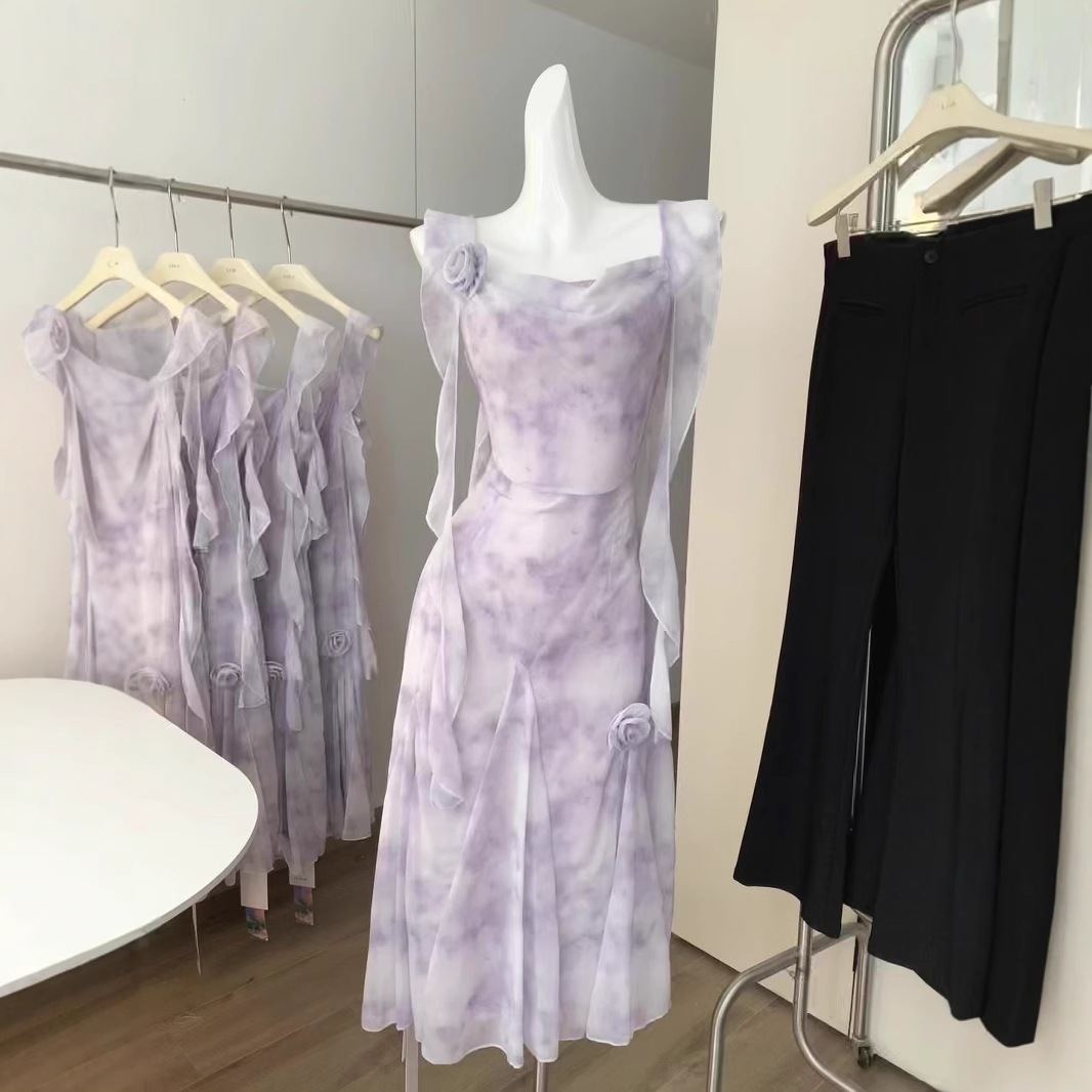 【急速出荷】紫のぼかし花柄シフォンキャミソールワンピースミディアムウエストノースリーブタンクトップスカート