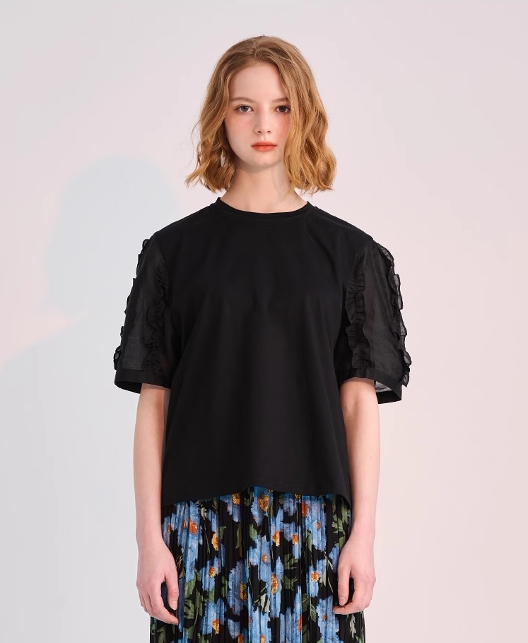 レディース ファッション 夏 カジュアル スタイル ベーシック サイド パフスリーブ ステッチ ショート Tシャツ トップ 女性 トップス Tシャツ 袖あり 半袖 かわいい 大人可愛い きれいめ