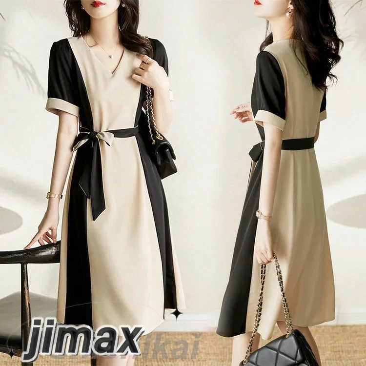 ワンピース レディース 40代 きれいめ 膝丈ワンピース 春夏新作 半袖ワンピースvネック配色 リボン aラインスカートオシャレ韓国風 大人 結婚式ドレス ゆったり 通勤OL 30代 50代