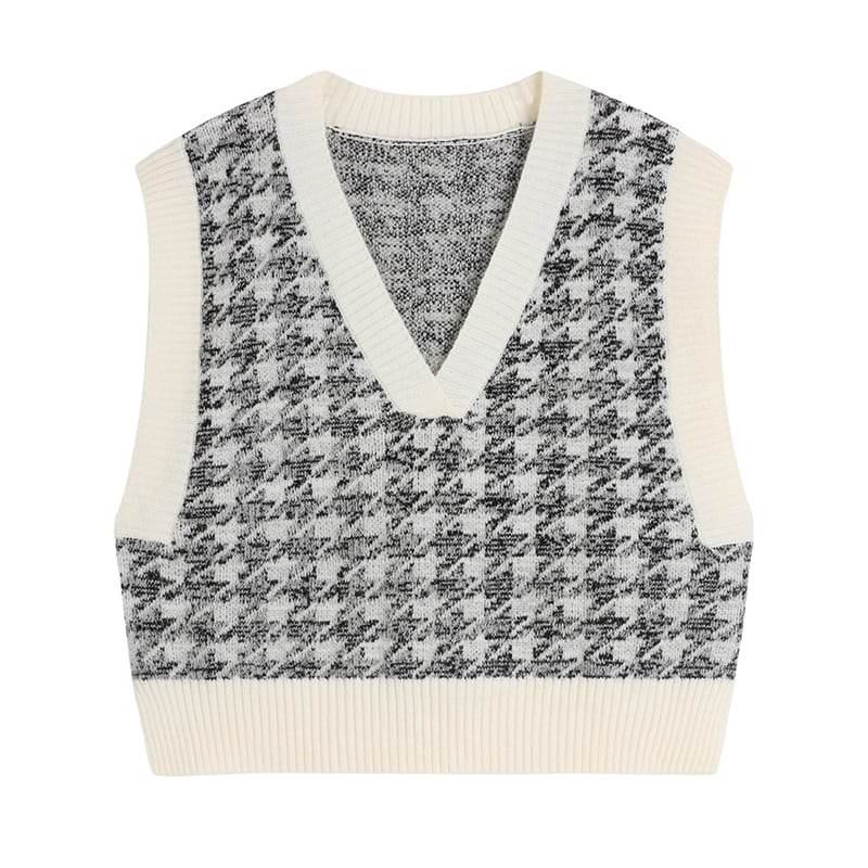 2color レディース ベスト Vネック ショート丈 ノースリーブ 千鳥格子 ヴィンテージ