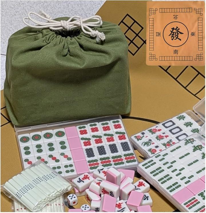 26mm 女性向け 手積み マージャンセット ふたつきケース きんちゃく袋 優しいカラー 牌 点棒(ピンク)