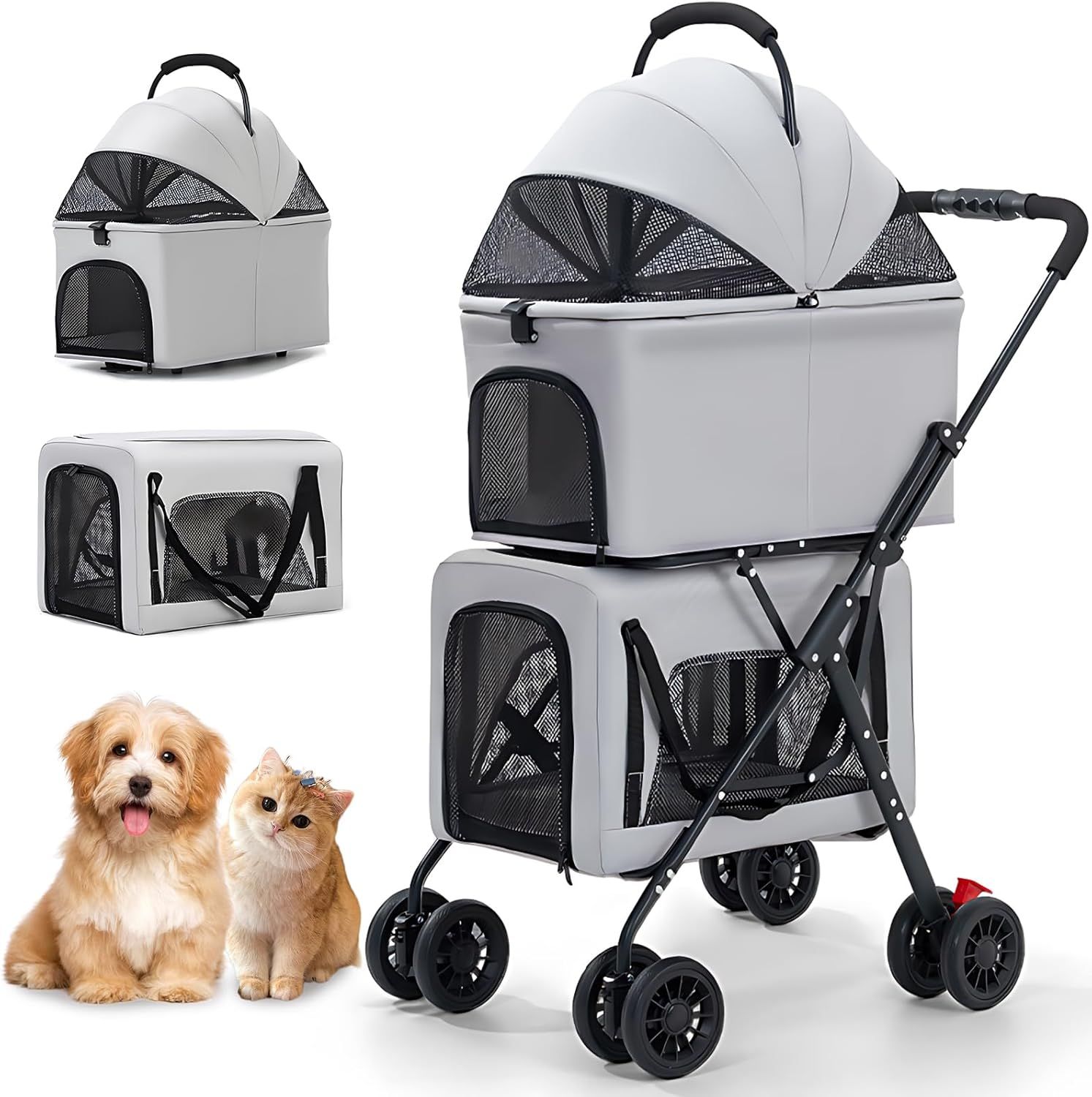 ペットカート 2段式 分離型 多頭飼い対応 軽量 折りたたみ式 犬用カート 上段10KG 下段15KG 大容量 多機能 組み立て簡単 犬バギー コンパクト設計 通気性メッシュ 中型犬 小型犬 猫対応