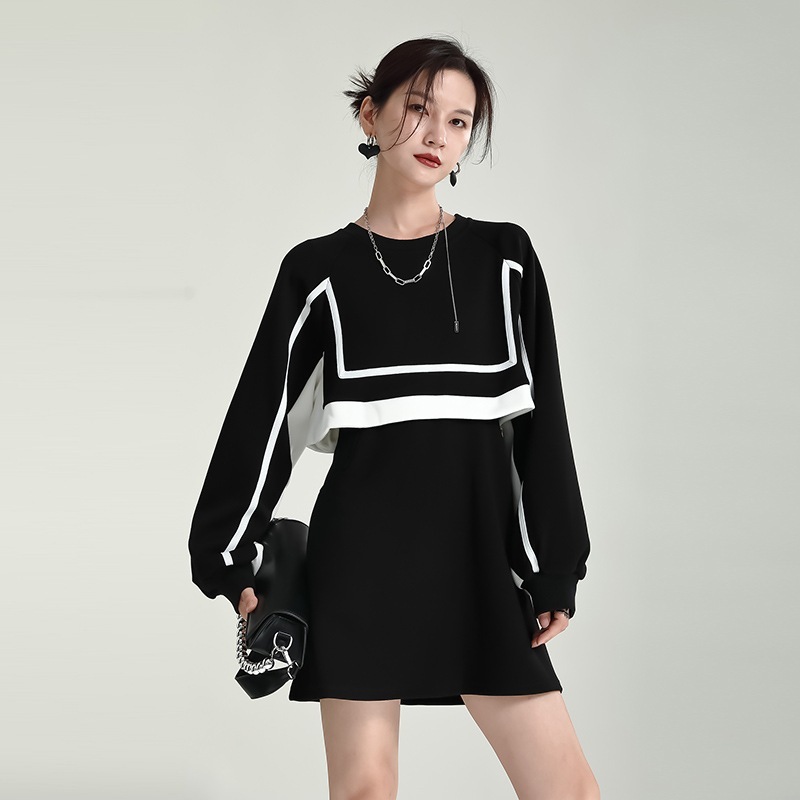 【J.Fashion】 スウェット風 ショートワンピース ニセ2セット レイヤード 春秋 レディース コットン ワンピース ドレス メガ割