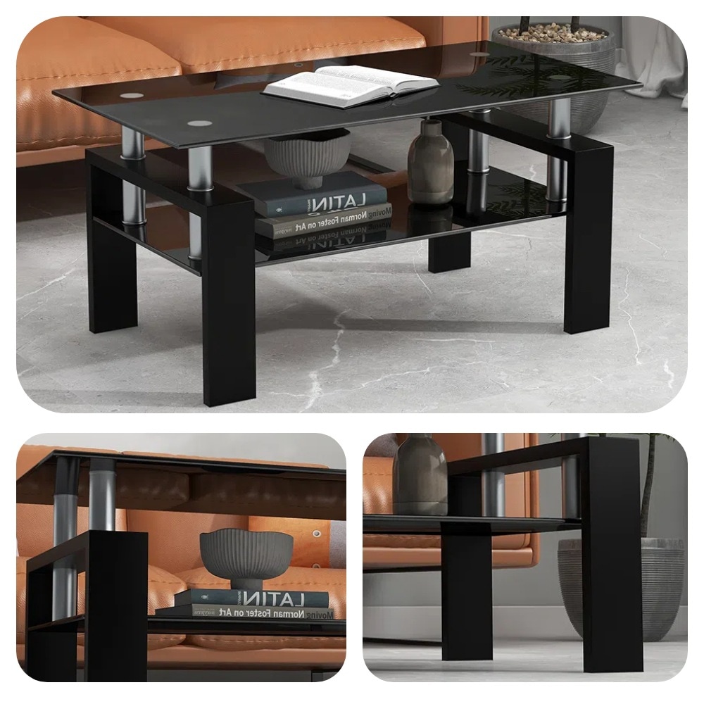 【国内即発送】ガラステーブル コーヒーテーブル 幅88cm 強化ガラス天板 スチール脚 収納付き 二段収納 おしゃれ リビング用テーブル 棚付き 一人暮らしに最適 大容量収納