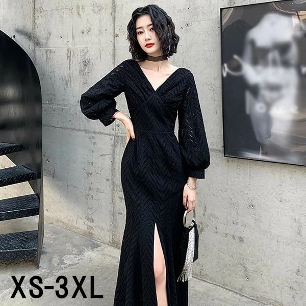 ドレス 大人 ピアノ 発表会 Vネック 長袖 イブニングドレス 演奏会 ロングドレス 母親 結婚式 パーティードレス ロングドレス ワンピース 小さいサイズ 女子会 謝恩会 二次会 フォーマル フェミ