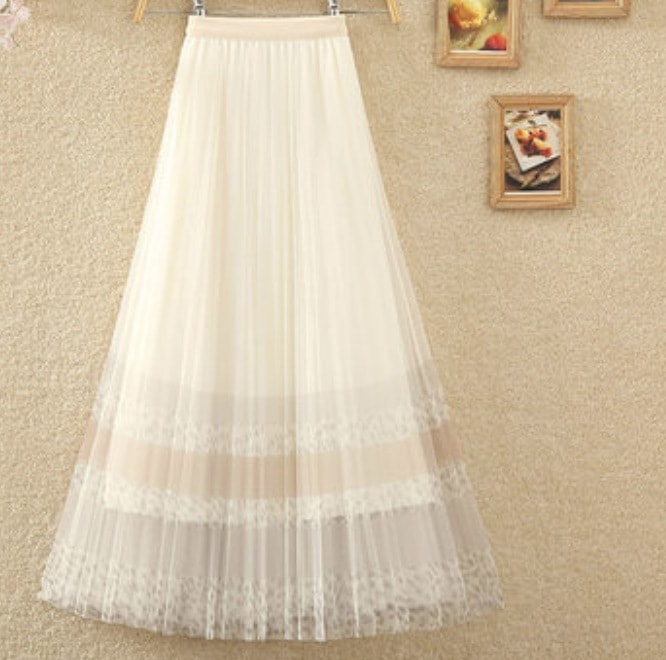 スカート レディース　ロング丈 チュール　プリーツ Aライン エレガント きれいめ 上品 ガーリー お出かけ　休日 旅行 メッシュ ホワイト　ピンク ブルー ブラック 韓国 モテ コーデ 春夏
