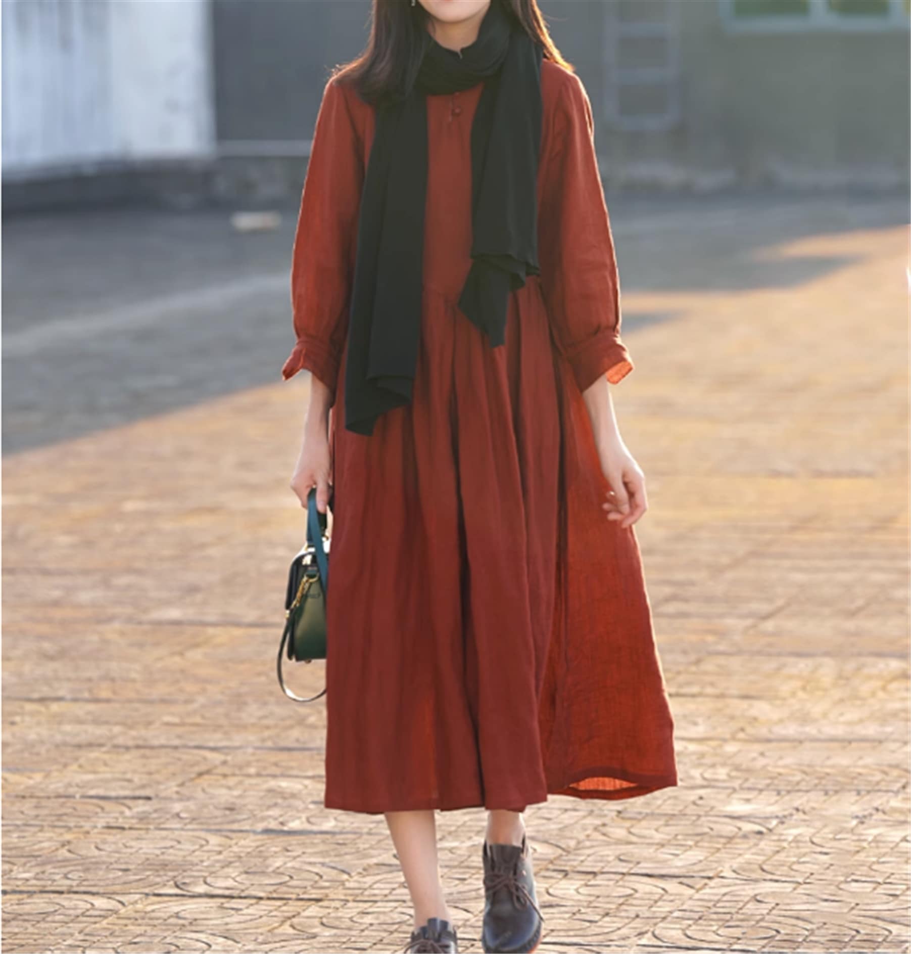 ワンピース シャツワンピース ウエストマーク ロング丈 長袖 クルーネック 大人可愛い シンプル ナチュラル カジュアル おしゃれ 大人女子 こなれ感 ガーリー存在感 春 秋 10代 20代 30代