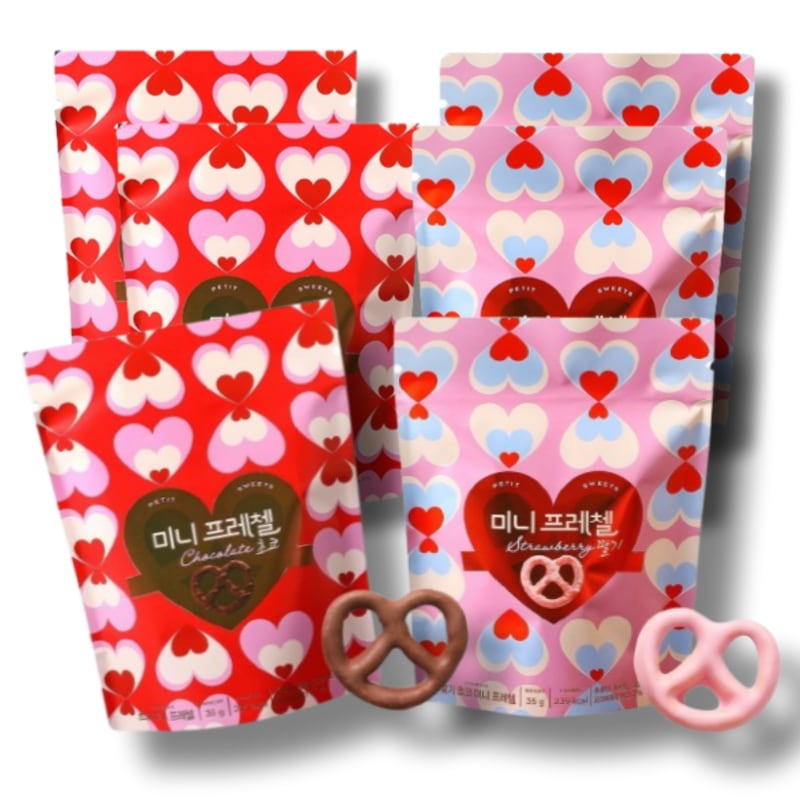 【プレッツェル6個セット】ハートチョコ ミニプレッツェル70g×3個+イチゴチョコ ミニプレッツェル70g×3個