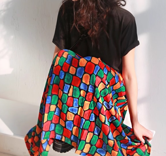 レディース スカート フレアスカート ミモレ ロング フレア Aライン フェミニン ハイウエスト ウエストゴム 異国風 ヴィンテージ 配色 大人可愛い カジュアル おしゃれ レトロ エスニック