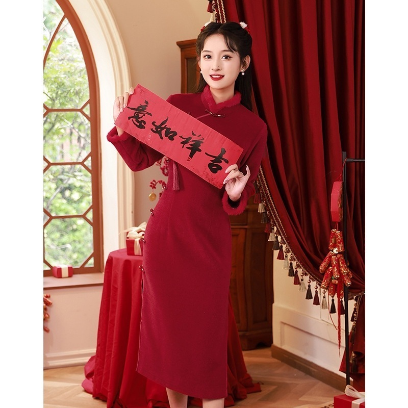 ワンピースドレスドレスレッドチョンサム冬スタイル逆袖が改善されました新しいスタイルの秋と冬の挨拶の新年の挨拶服のエンゲージメント衣服長袖冬