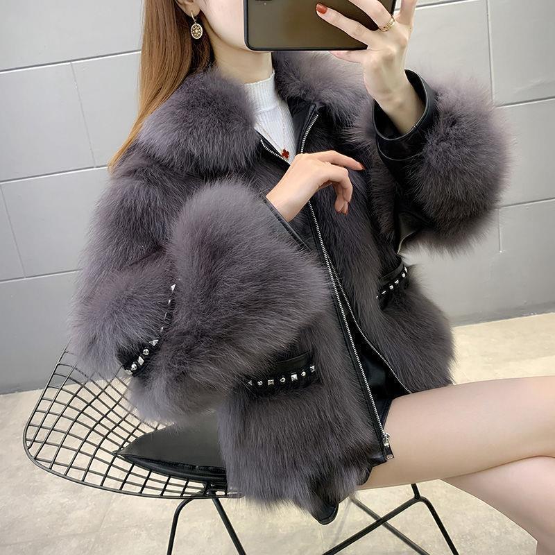 韓国風ファッションショートレザージャケット女性用2025冬新デザインリベットバットスリーブワンピースコート