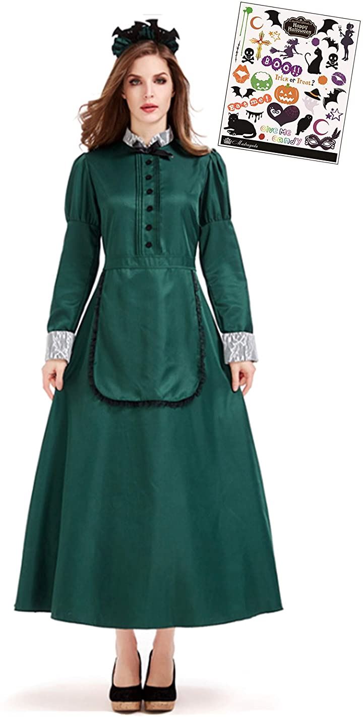 洋館 メイド服 緑 グリーン コスプレ 長袖 ロング コスチューム ハロウィン タトゥーシール付き 2点セット レディース S746(緑, XL)