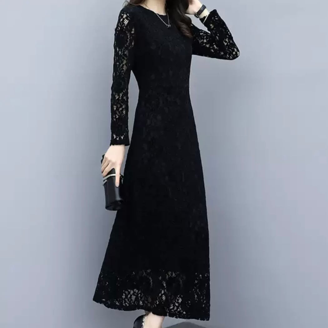 スカート ワンピース レース ロングスカート ロング 9分丈 アンクル丈 長袖 Uネック ラウンドネック スリム タイト 細身 ストレート Aライン レース 透け感 シースルー きれいめ シンプル