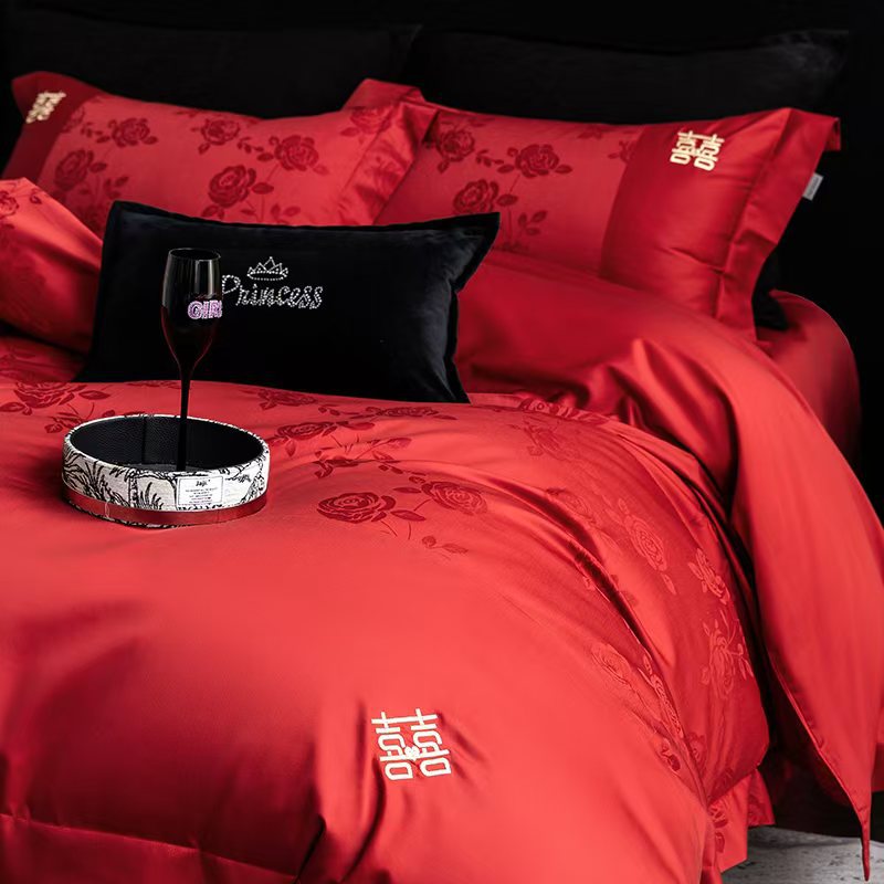 シンプルな赤100s長いベルベットコットン4ピースセットピュアコットンキルトカバーフルコットンベッドシートウェディングドーリーウェディングベッド 2222222