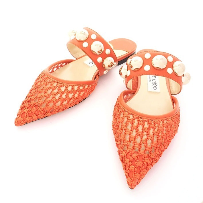 【未使用品・新古品】ジミーチュウ BASETTE FLAT フラットサンダル ミュールスタッズ パール レディース サンダル コンフォートサンダル オレンジ サイズ8【中古】