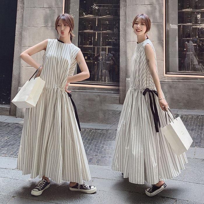 ワンピース レディース 40代 マキシワンピース 夏 リネンワンピース ストライプ柄綿麻Aラインスカート ゆったり きれいめ オシャレ韓国風 上品 通勤 着痩せ