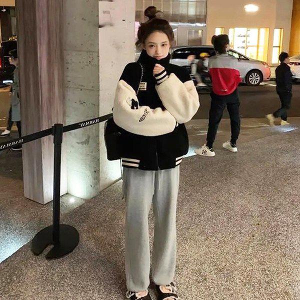 レディースカジュアルボア配色フリースジャケットDMSW-JKW-SHHE67-ブラック