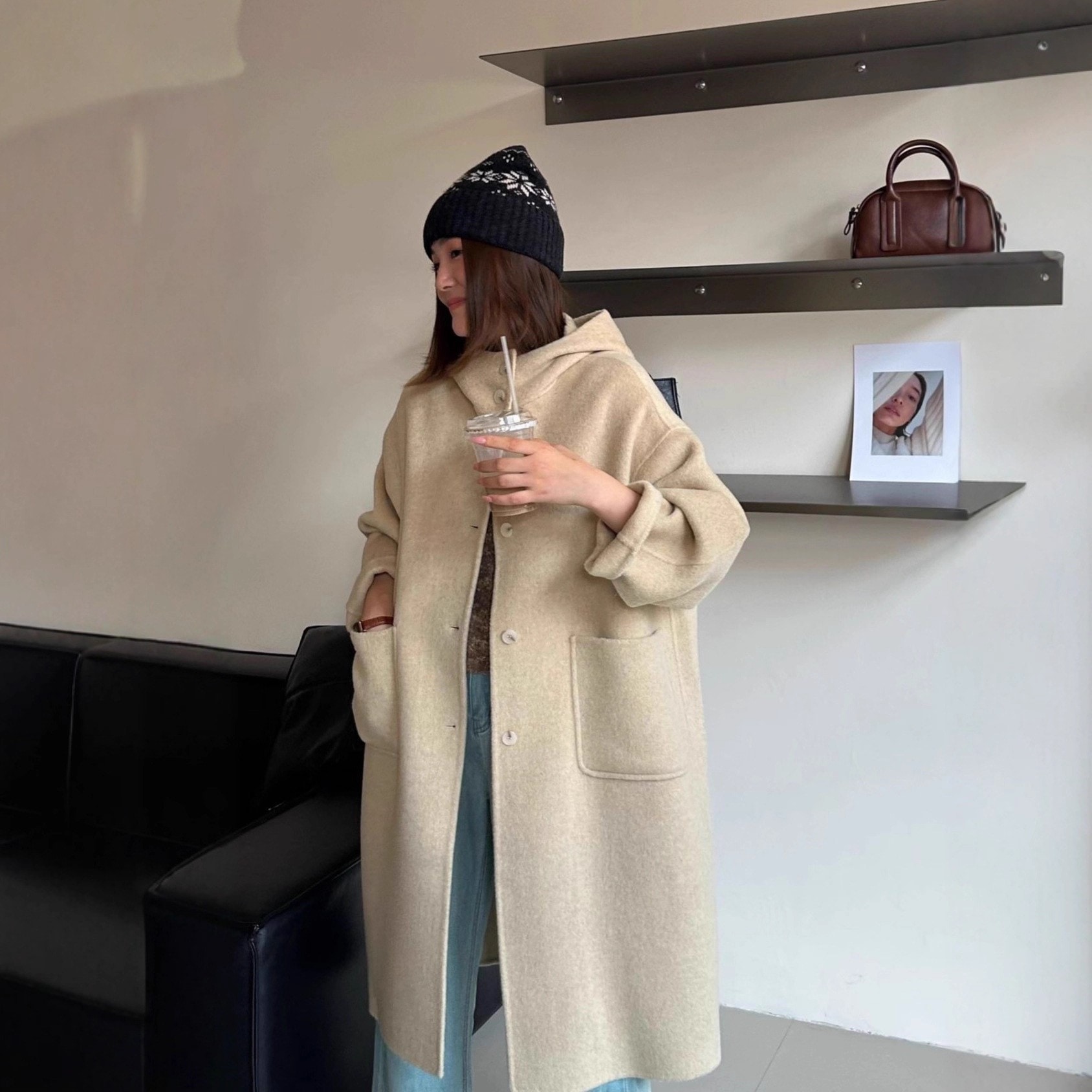 2025年新作厚手フード付き両面ウールコートシングルブレストスタンドカラー大きなポケット厚手のカシミヤウール韓国風アウター