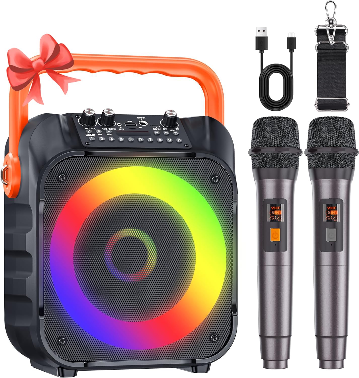 カラオケセット 拡声器 スピーカーセット 家庭用 ワイヤレスマイク２本 Bluetooth 5.0 カラオケマイク 小型 PAセット カラオケ マシン ポータブルスピーカー SDカード USB AUX