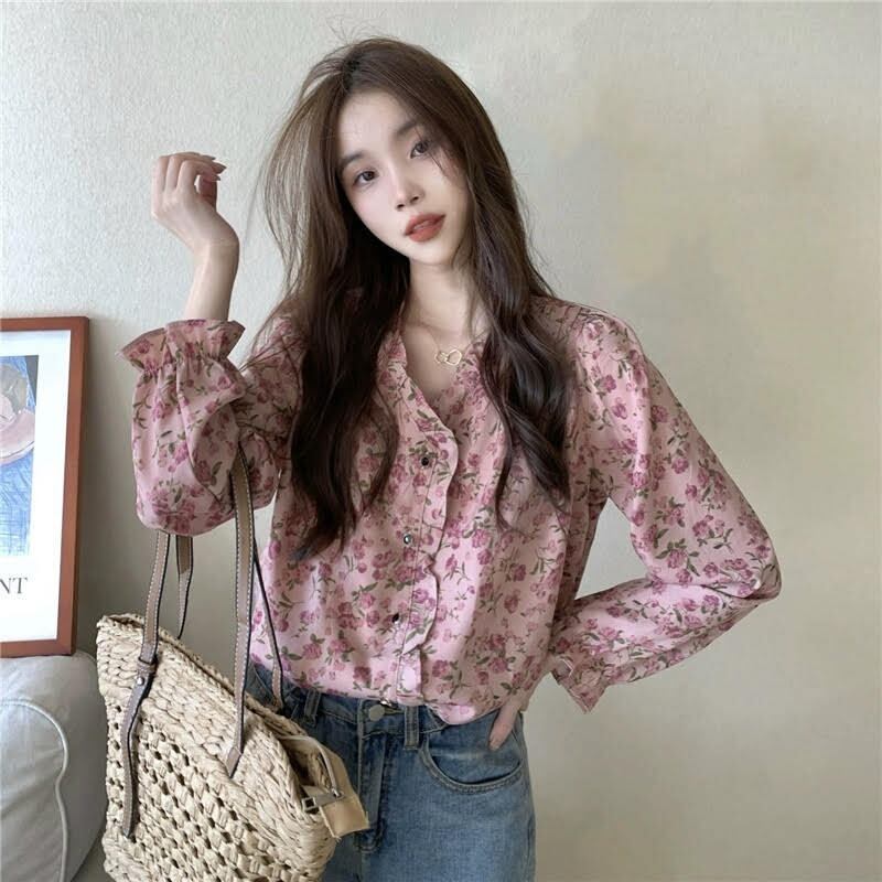 トップス シャツ シフォンシャツ レディース 長袖 Vネック シフォン フリル 花柄 ボタン 前開き ルーズ ゆったり かわいい 大人可愛い 大人かっこいい 大人女子 おしゃれ お洒落 きれいめ 上品 