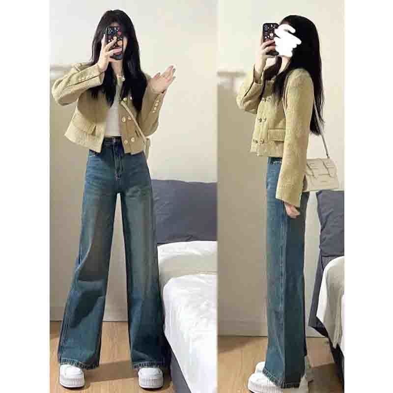 ハイエンドのカスタマイズ-初秋の婦人服 2024 新しいティースタイルの服装少し太って年齢を減らすショートコート T シャツトップジーンズスリーピーススーツ