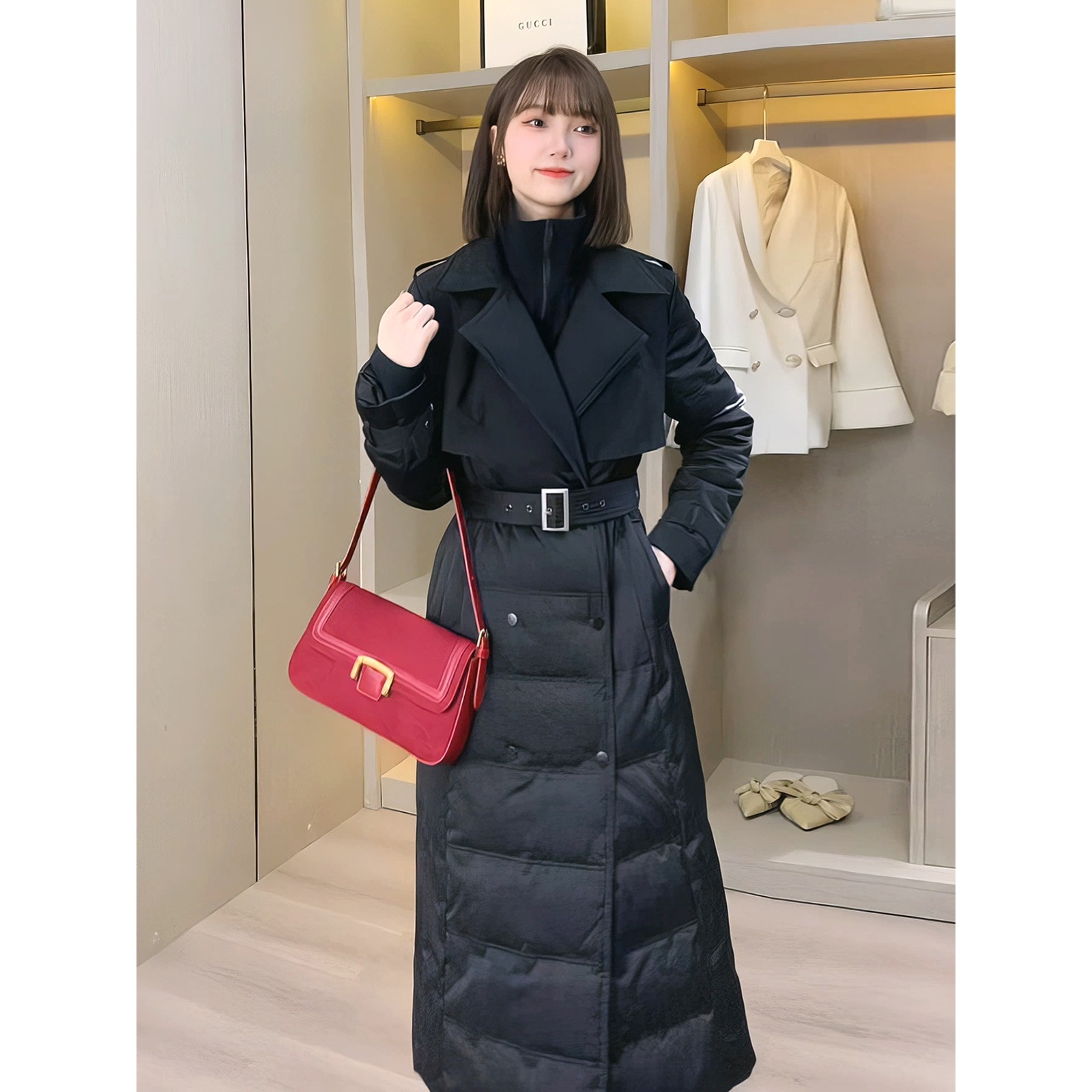 2024冬新作女性用ロング軽量ダウンジャケットヨーロピアンスタイルハイエンドストリートスタイルストリートスプライスホワイトダックダウンジャケット