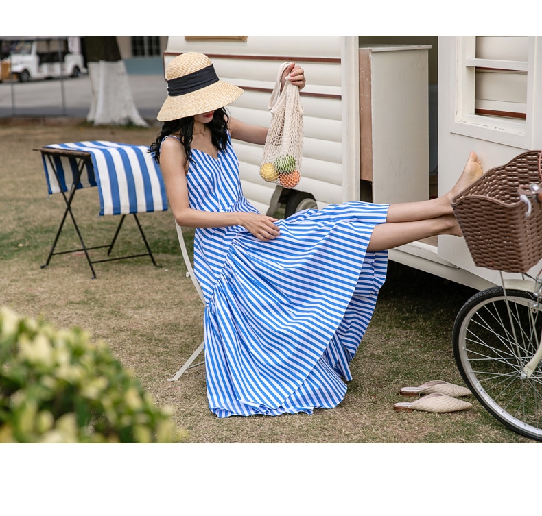 休日 ストライプ ドレス スキニー スリングドレス 不規則 長いスカート 海辺 休日 ビーチスカート ワンピース フレアワンピース ロング ロング丈 アンクル丈 ノースリーブ Vネック Aライン