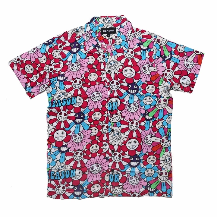 REASON 半袖シャツ メンズ 春夏用 白 大きいサイズ リーズン 柄シャツ アロハシャツ おしゃれ かっこいい 総柄 大人 花柄 ポップアート ブランドロゴ