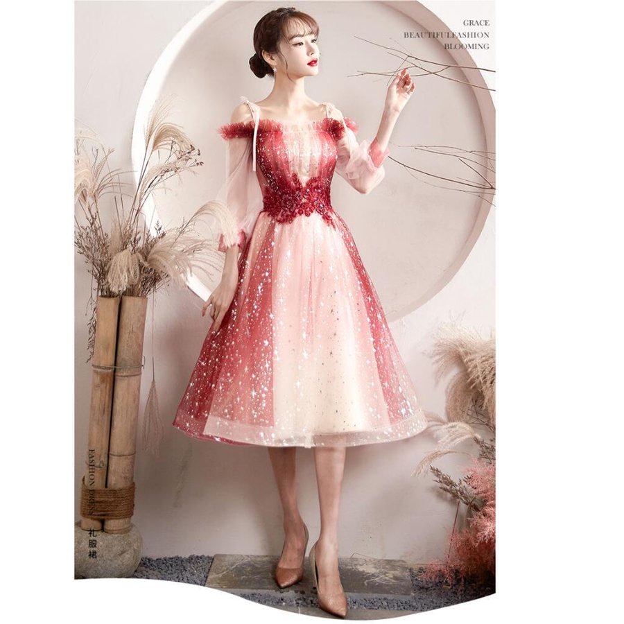 ウエディングドレス ロングドレス 袖あり パーティードレス ミモレ丈 結婚式 お呼ばれ 二次会 披露