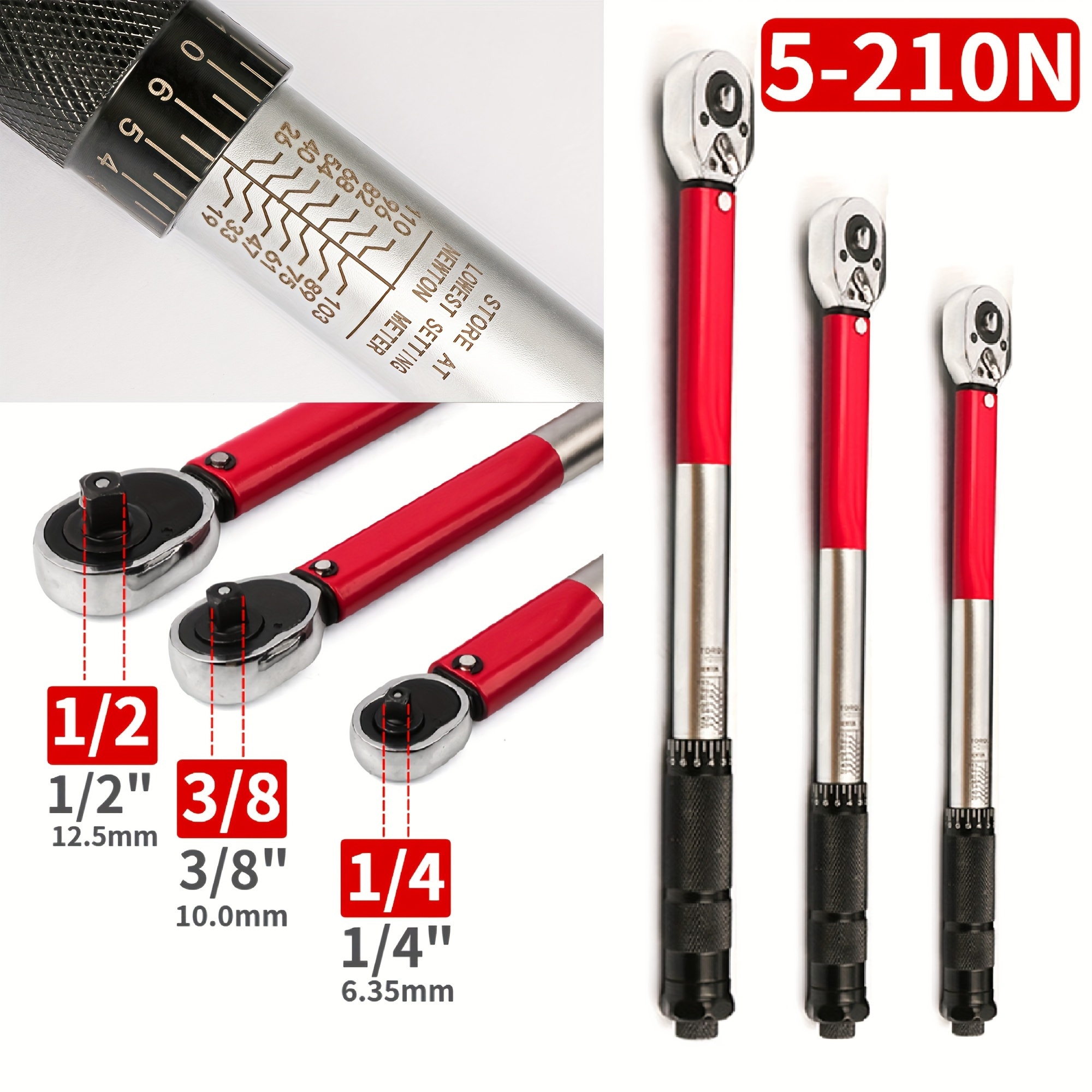 3/8インチ トルクレンチ 5-210N/m 1/2インチ トランスミッション クリック トルクレンチ 1/4インチ 自動車修理レンチ シルバーレッド