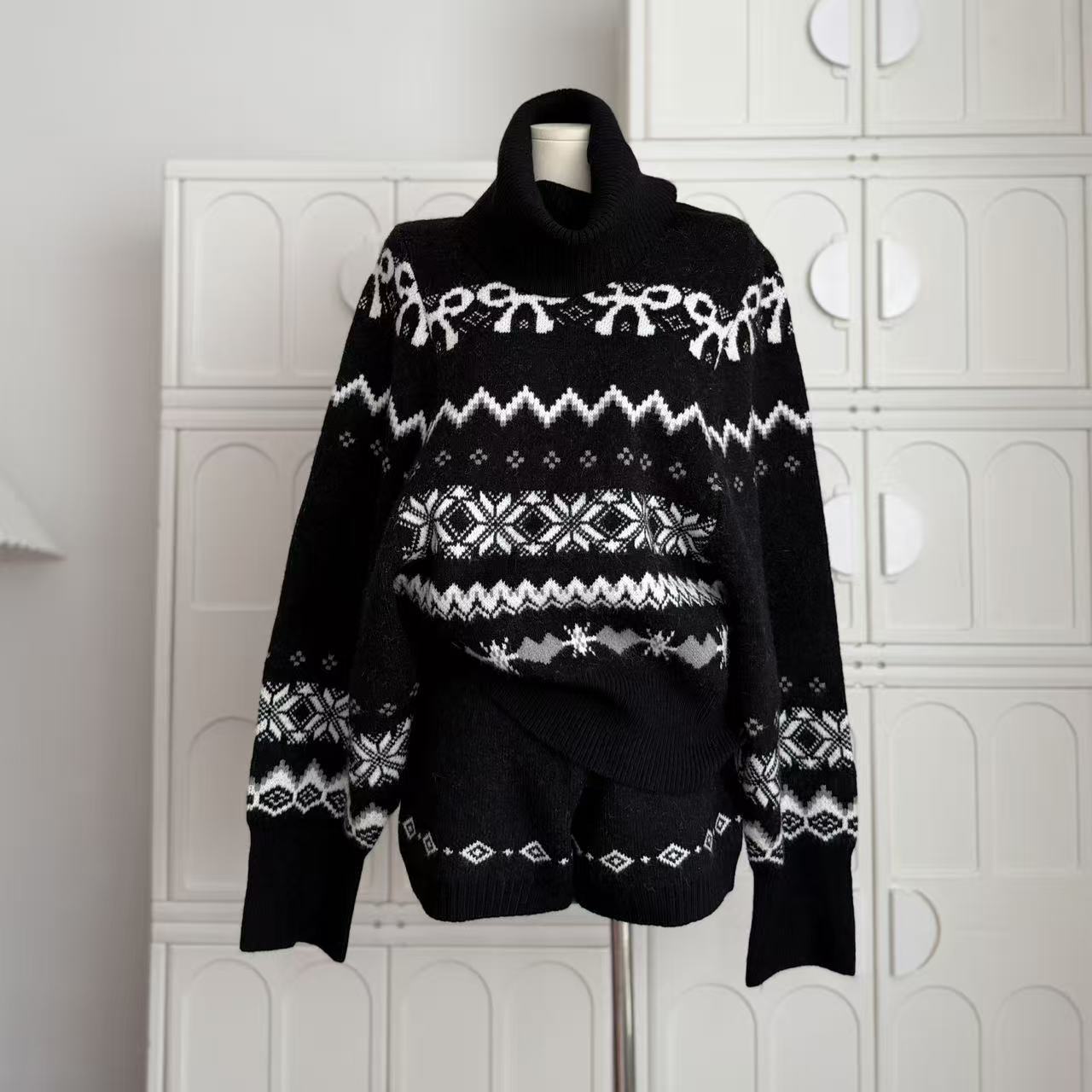 アメリカン レトロフェアアイル ハイネックニット ショーツセット コーデ 量産型 清楚め