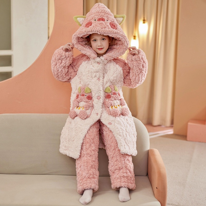 女の子パジャマ冬の珊瑚絨毯三重綿入り厚手子供2024新長女の子スリーパーセット