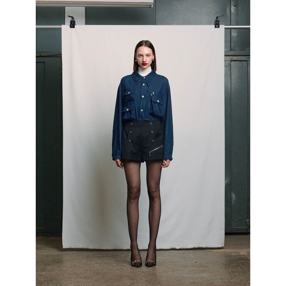 JEANS LEE ブラックバイカーディテールスクエアポケットセーラーショーツ