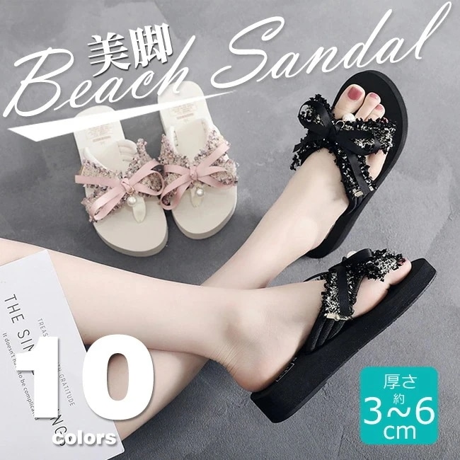 高品質新入 新作 ビーチサンダル トングサンダル ローヒール ハイヒール ぺたんこ かわいい サンダル レディース 女性 おしゃれ シューズ ボヘミアン レース リボン 蝶結び 痛くない 履き心地 平