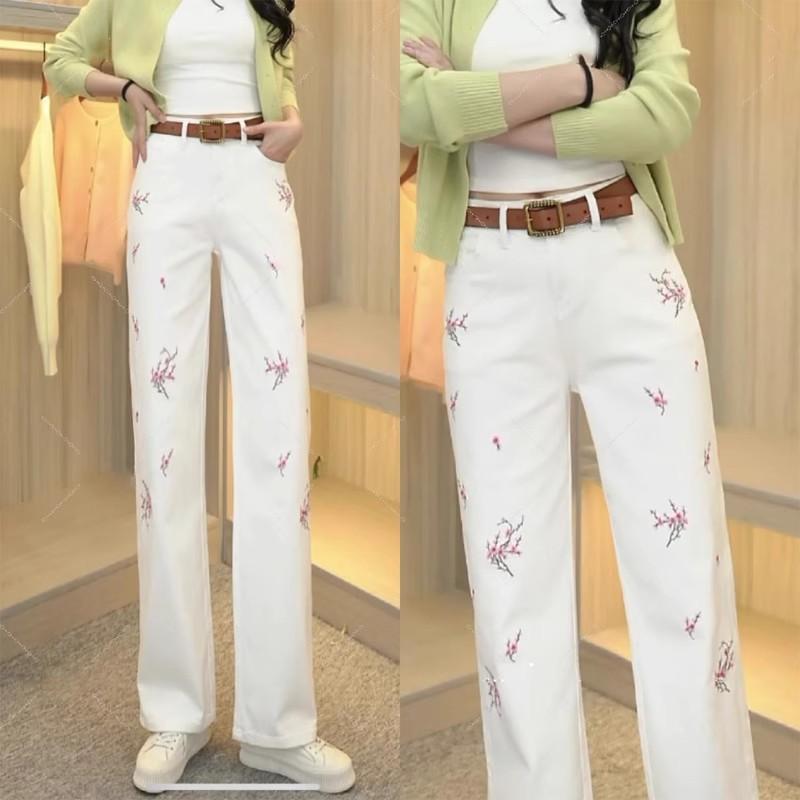 レディース ファッション カジュアル おしゃれ チャイナ風 桃 花 刺繍 春夏 ハイウエスト スリム 白 ストレート ジーンズ 刺繍