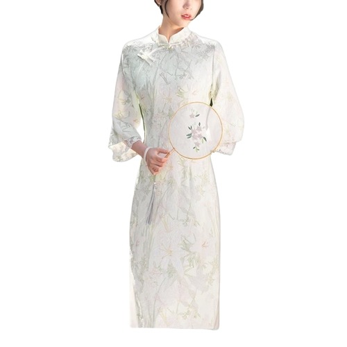 中国式チャイナドレス女性用ライトグリーンシフォンプリントレトロ改良ワンピース春